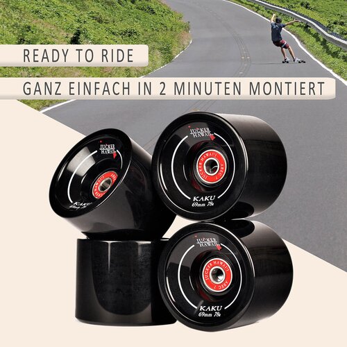 Longboard Rollen KAKU 69mm 78A CP52 inkl. Lager & Spacer (4er Set) Gebraucht A