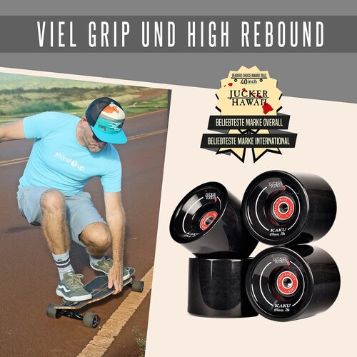 Longboard Rollen KAKU 69mm 78A CP52 inkl. Lager & Spacer (4er Set) Gebraucht A